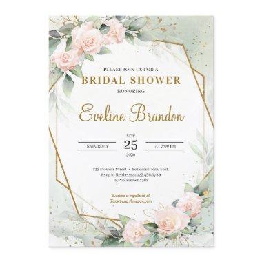 Blush Pink Floral Greenery Gold Frame Bridal Invitations