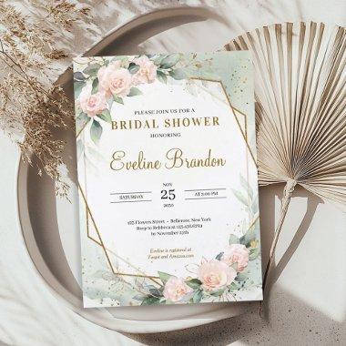 Blush Pink Floral Greenery Gold Frame Bridal