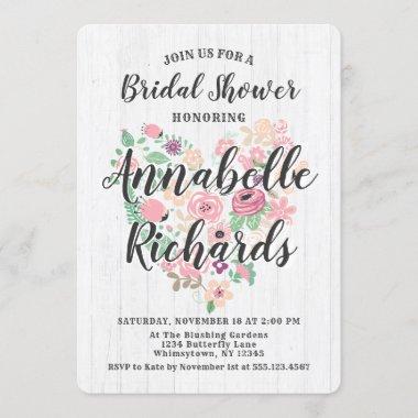 Blush Pink Floral Heart Bridal Shower Invitations