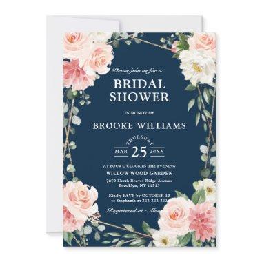 Blush Pink Floral Navy Geometric Bridal Shower Invitations