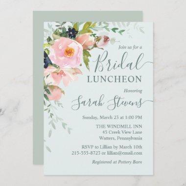 Blush Pink Floral on Light Blue Bridal Luncheon Invitations