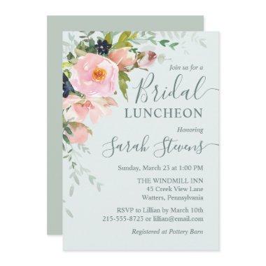 Blush Pink Floral on Light Blue Bridal Luncheon Invitations