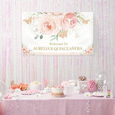 Blush Pink Floral Quinceañera Sweet 16 Backdrop Banner