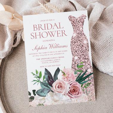 Blush Pink Floral Rose Gold Dress Bridal Shower Invitations