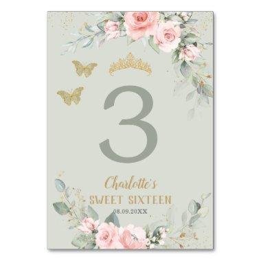 Blush Pink Floral Sage Green Butterflies Sweet 16 Table Number