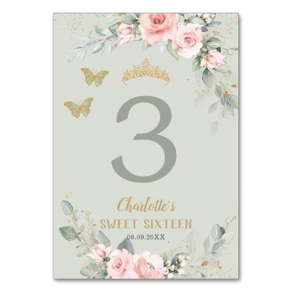 Blush Pink Floral Sage Green Butterflies Sweet 16 Table Number