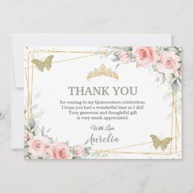 Blush Pink Floral Sage Green Butterfly Quinceañera Thank You Invitations