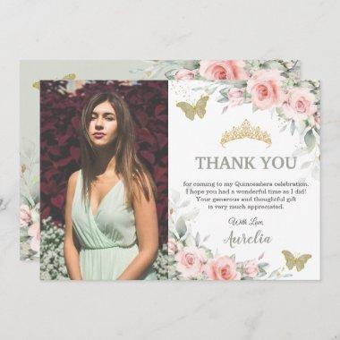 Blush Pink Floral Sage Green Quinceañera Photo Thank You Invitations