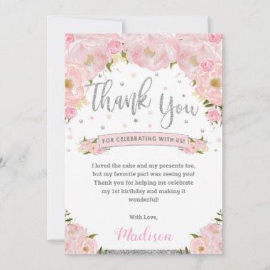 Blush Pink Floral Silver Birthday Baby Shower Thank You Invitations