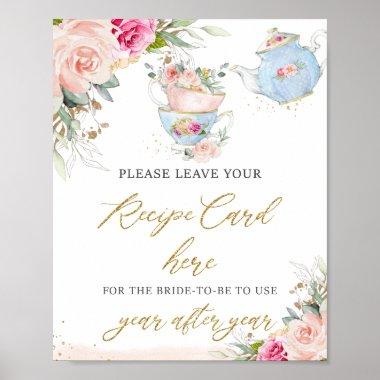 Blush Pink Floral Tea Party Recipe for Bride Sign