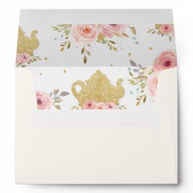 Blush Pink Floral Tea Party Teapot Invitations A7 Envelope