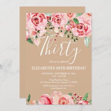 Blush Pink Floral Watercolor Flower Birthday Invitations