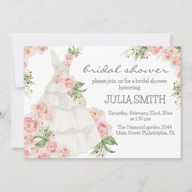 Blush Pink Floral Wedding Dress Bridal Shower Invitations
