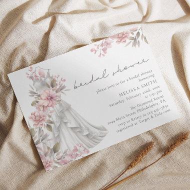 Blush Pink Floral Wedding Dress Bridal Shower Invitations