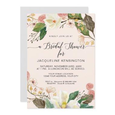 Blush Pink Floral White Magnolia Twig n Foliage Invitations