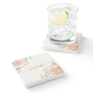 Blush pink florals eucalyptus gold glitter name stone coaster