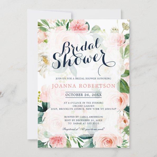 Blush Pink Florals Modern Botanical Bridal Shower Invitations