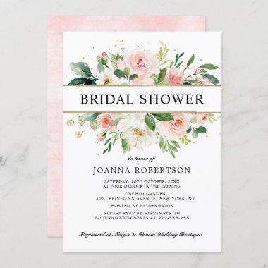 Blush Pink Florals Modern Gold Bridal Shower Invitations