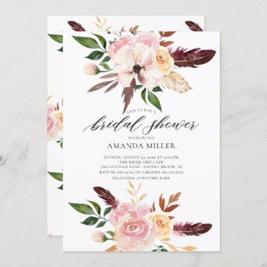Blush Pink Flowers Feathers Bridal Shower Invitations