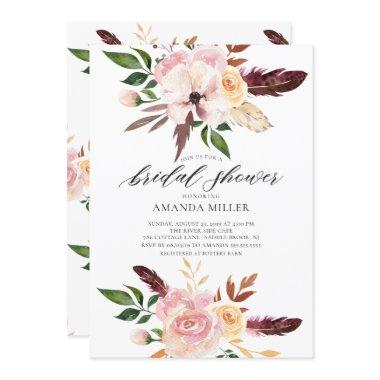 Blush Pink Flowers Feathers Bridal Shower Invitations