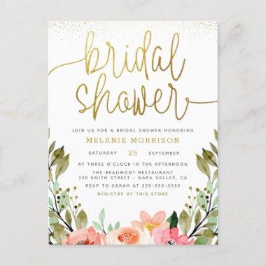 Blush Pink Flowers & Gold Garden Bridal Shower Invitation PostInvitations