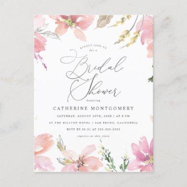 Blush Pink Flowers & Silver Script Bridal Shower Invitation PostInvitations