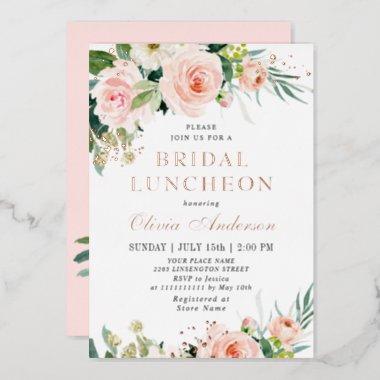 Blush Pink Flowers Watercolor Bridal LUNCHEON Gold Foil Invitations