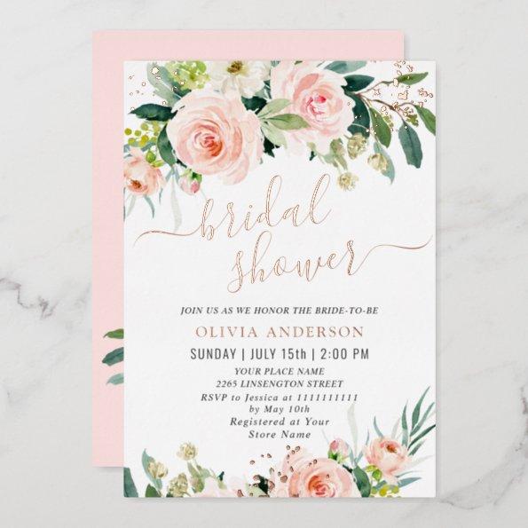 Blush Pink Flowers Watercolor Bridal Shower Gold Foil Invitations