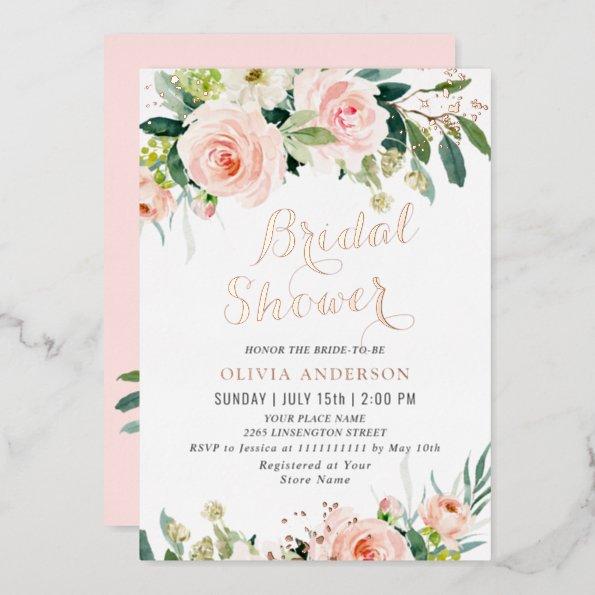 Blush Pink Flowers Watercolor Bridal Shower Gold Foil Invitations