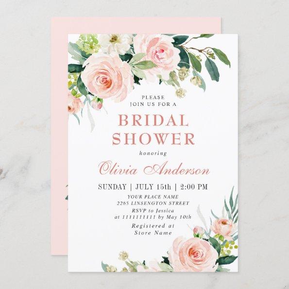 Blush Pink Flowers Watercolor Bridal Shower Invitations