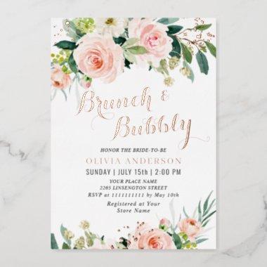 Blush Pink Flowers Watercolor Brunch & Bubbly Gold Foil Invitations