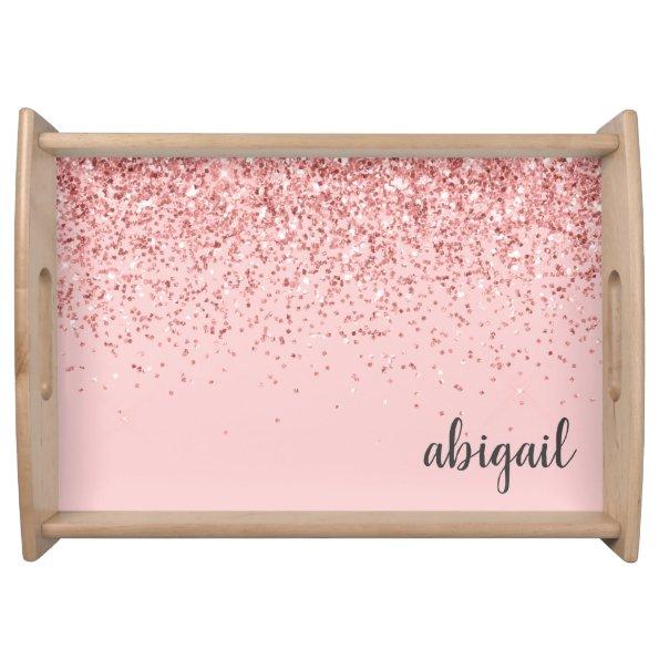 Blush Pink Girly Glitter Sparkle Modern Monogram Serving Tray