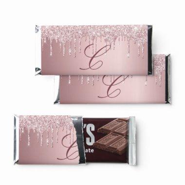 Blush pink glitter drips monogram initial hershey bar favors