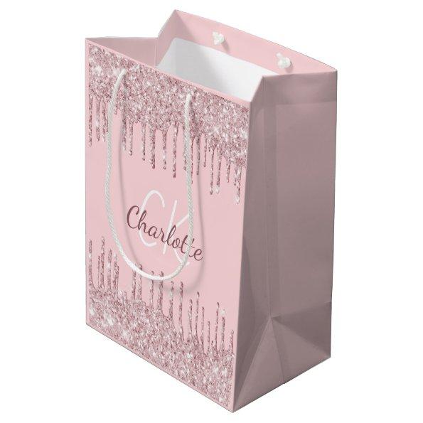Blush pink glitter drips monogram script luxury medium gift bag