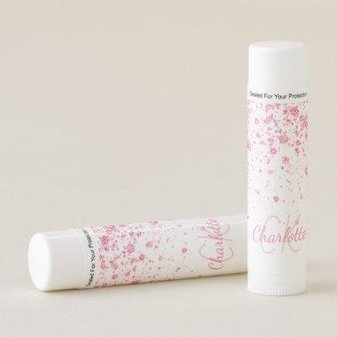 Blush pink glitter drips monogram white lip balm