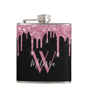 Blush Pink Glitter Drips Sparkle Monogram Black Flask