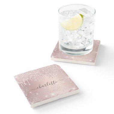 Blush pink glitter name script stone coaster
