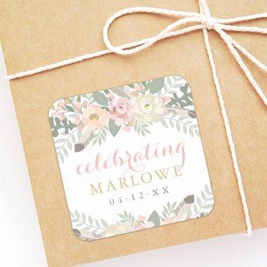 Blush Pink Gold Floral Custom Wedding Bride Name Square Sticker