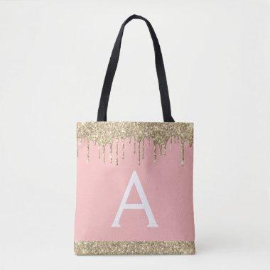 Blush Pink Gold Glitter Elegant Monogram Tote Bag