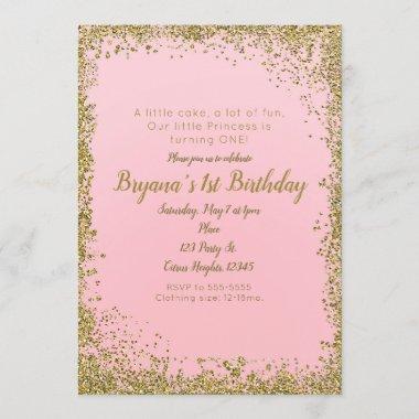 Blush Pink & Gold Glitter Glam 1ST Birthday Party Invitations