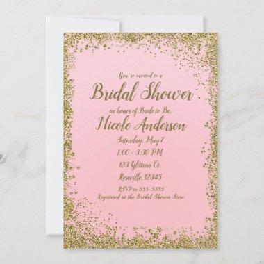 Blush Pink Gold Glitter Glam Modern Bridal Shower Invitations