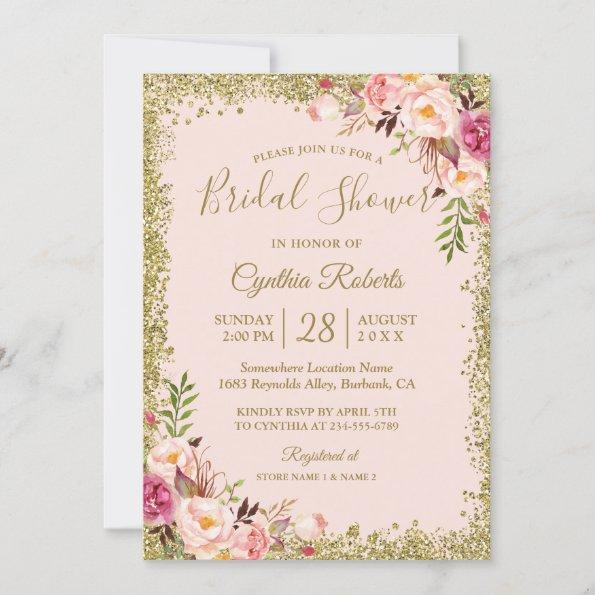 Blush Pink Gold Glitters Floral Bridal Shower Invitations