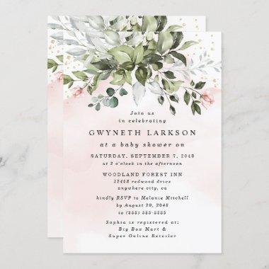 Blush Pink Gold Greenery Dusty Blue Baby Shower Invitations