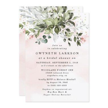 Blush Pink Gold Greenery Dusty Blue Bridal Shower Invitations