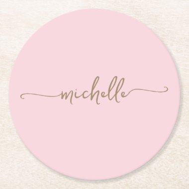 Blush Pink Gold Monogram Name Script Signature Round Paper Coaster