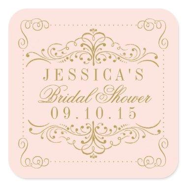 Blush Pink & Gold Ornate Swirl Bridal Shower Favor Square Sticker