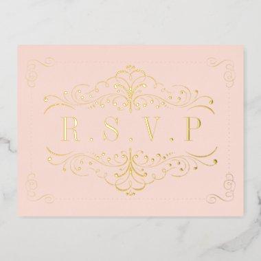 Blush Pink & Gold Ornate Swirl Wedding RSVP Real Foil Invitation PostInvitations