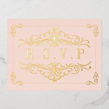 Blush Pink & Gold Ornate Swirl Wedding RSVP Real Foil Invitation Post