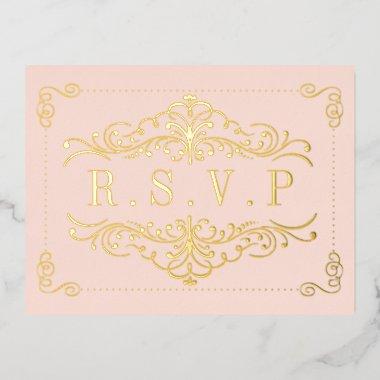 Blush Pink & Gold Ornate Swirl Wedding RSVP Real Foil Invitation PostInvitations