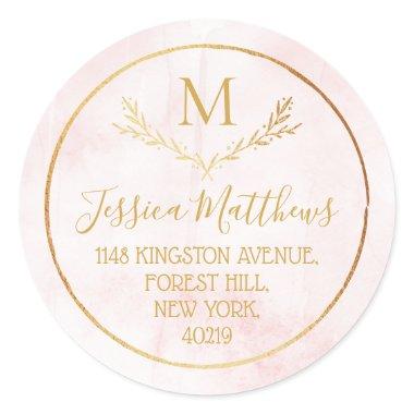 Blush Pink & Gold Wreath Monogram Return Address Classic Round Sticker